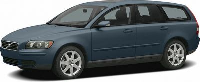Side and front view of a blue station wagon with alloy wheels