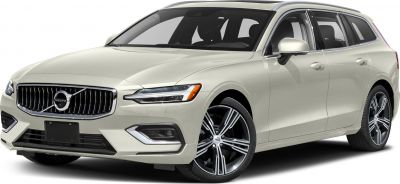 Front angle of a 2019 white wagon with LED headlights and a chrome grille
