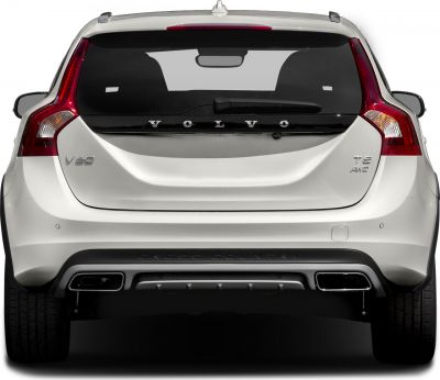 Rear view with taillights, T5 AWD badge, dual exhaust on white vehicle