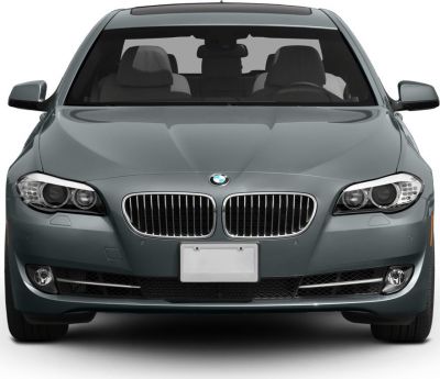 Front view with kidney grille and dual headlights on luxury sedan