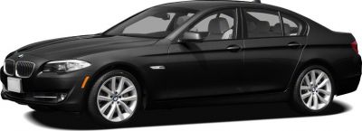 Front side profile of a black luxury sedan with alloy wheels