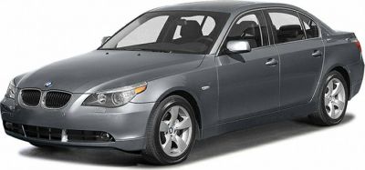 Front three-quarter view of gray BMW 5 Series E60 sedan