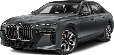Large kidney grille, sleek LED headlights, luxury sedan front-side view