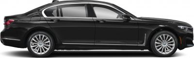 Side profile of sleek luxury sedan with chrome trim and multi-spoke rims