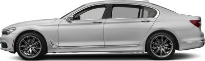 Silver luxury sedan side profile with multi-spoke alloy wheels