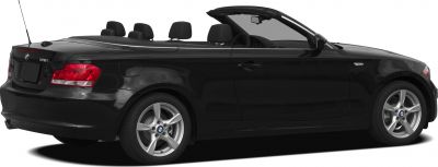 Rear side view of black convertible with alloy wheels and open roof