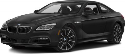 Black luxury coupe front side with signature grille and alloy wheels