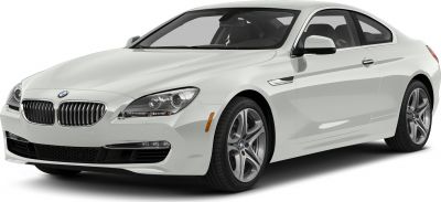 Front and side view of a white luxury coupe with alloy wheels.