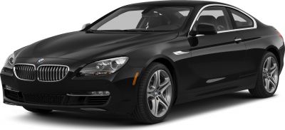 Front side profile of sleek black sports coupe with kidney grille and alloy wheels